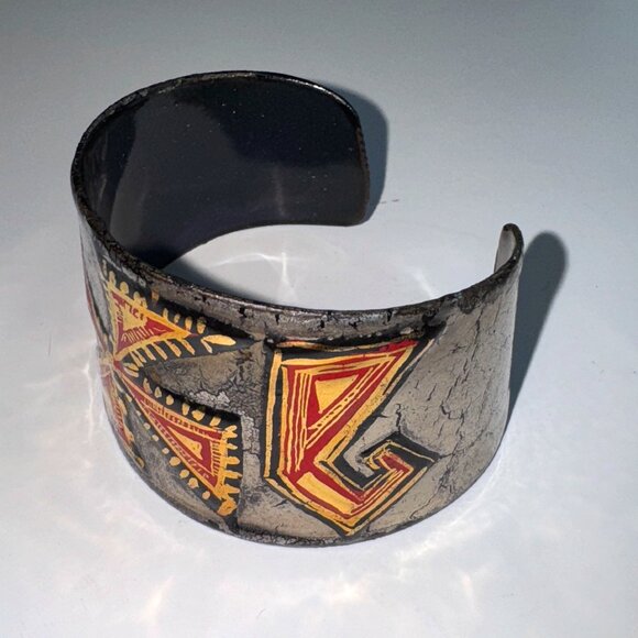 Metal Artisan Made Cuff Bracelet Maltese Cross Signed Black Silver Gold & Red - Picture 3 of 7